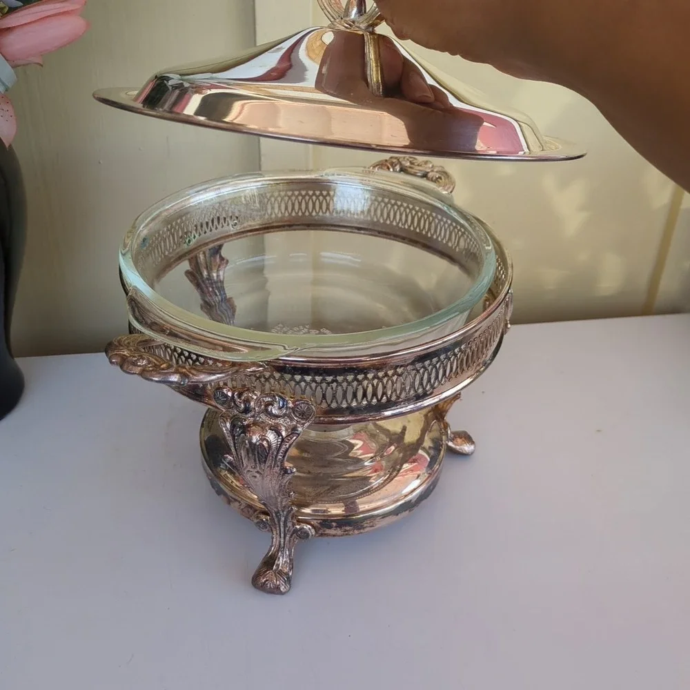 Vintage Silver Plated Leonard Food Warmer w/ Lid, Glass Bowl Insert #5516